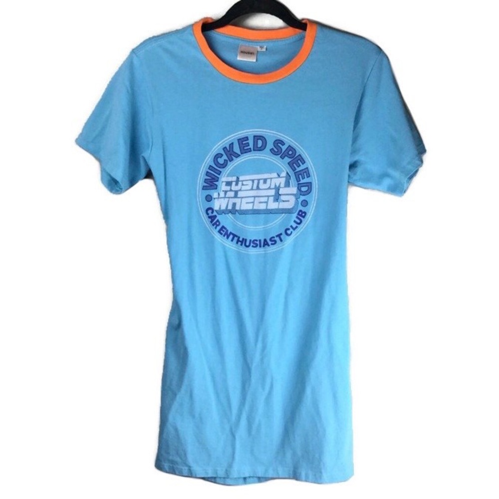 Moussy Custom Wheels Open Split Back Blue Ringer T-Shirt Dress Free Size